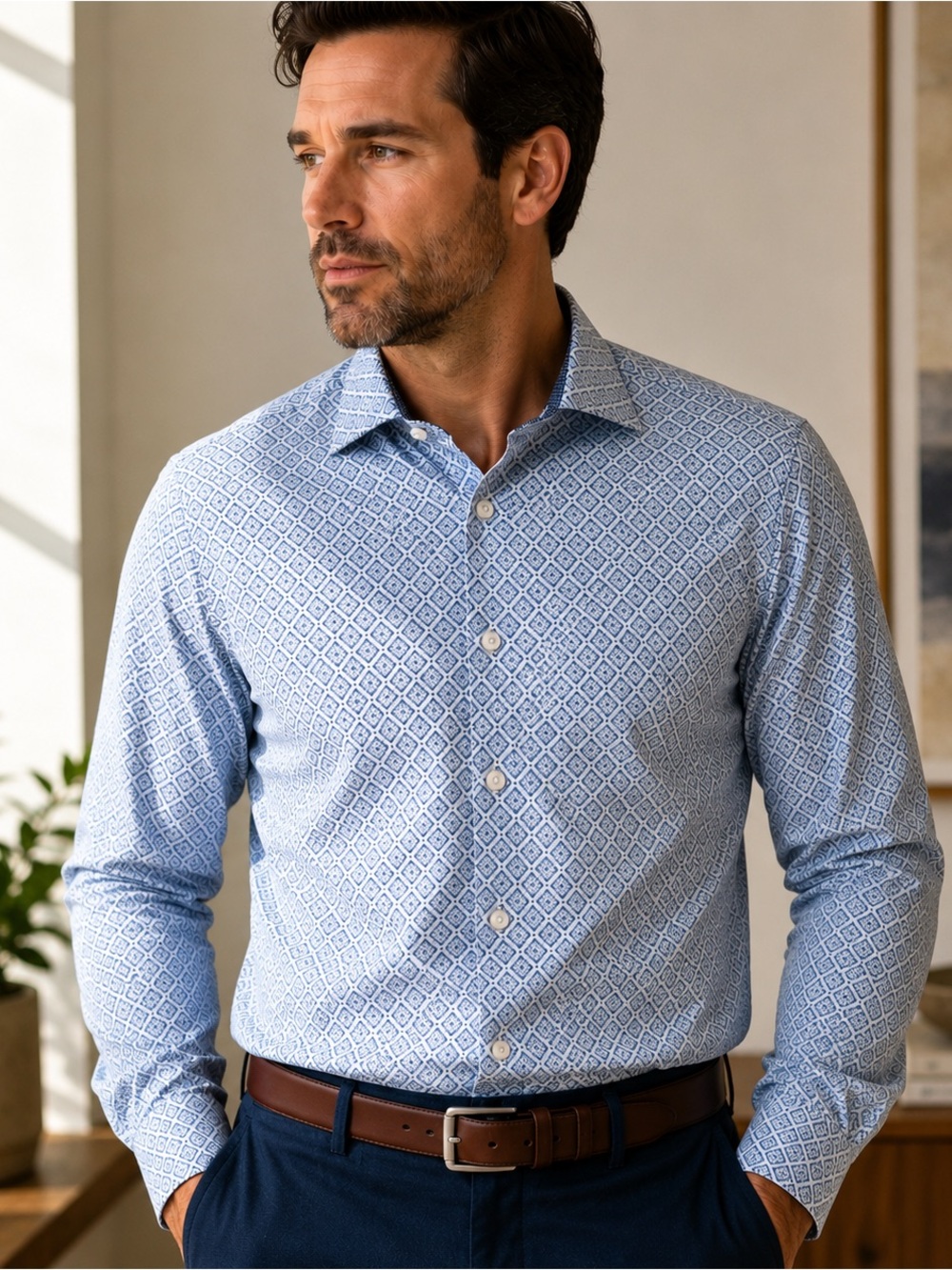 Society of Threads Blue White Geometric Stretch No Iron Slim Fit Shirt Men’s M
